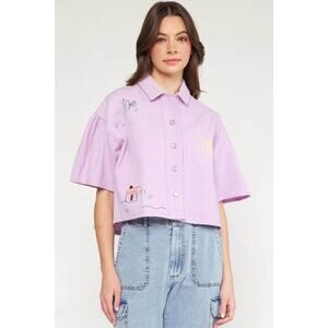 NWT Entro Women’s Small Light Purple Embroidered Cropped Short Sleeve Shacket